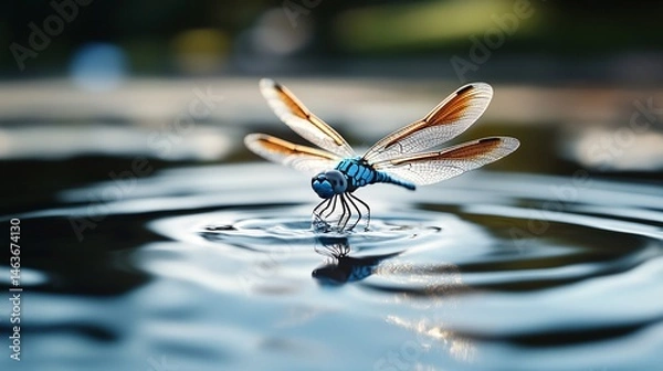Obraz Dragonfly in a Wetland Environment with Water Surface Reflection