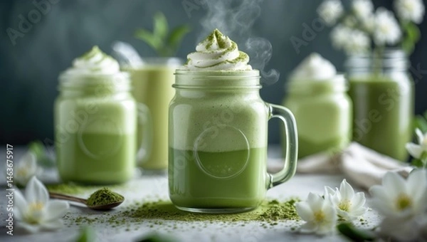 Obraz Summer-themed matcha green tea cocktail with white background