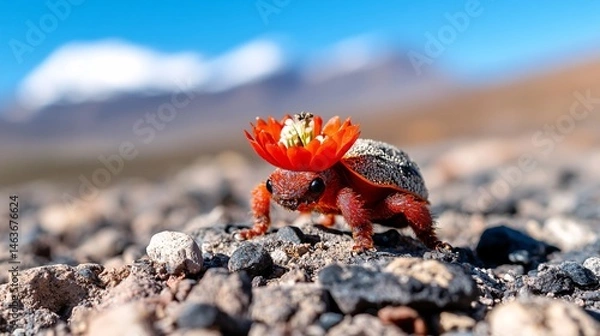 Fototapeta Resilient Insect Adorned with Flower in Harsh Desert Environment