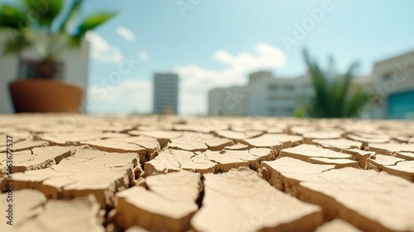 Obraz Cracked Ground in Urban Area Illustrating Desertification and Water Scarcity