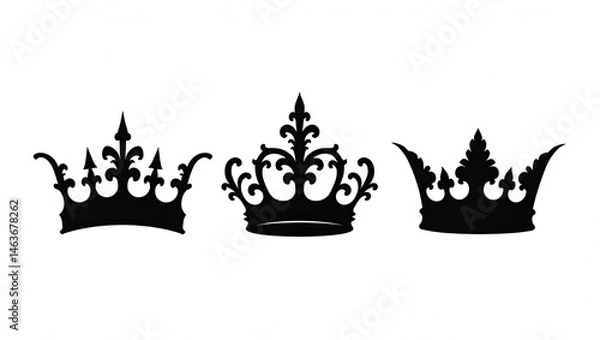 Fototapeta Set of Three Intricately Designed Vector Silhouettes of Beautiful Black Crowns – Elegant Royal Crown Illustrations for Luxury Branding and Design