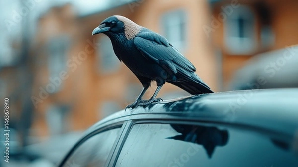 Obraz Crow on Car Roof Highlighting Waste Disposal Issues in Ecosystem