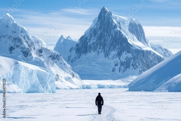 Fototapeta Solitary Journey Across Antarctic Ice - A lone explorer traverses a vast, frozen landscape, dwarfed by towering glaciers. Symbolizing adventure, solitude, resilience, exploration