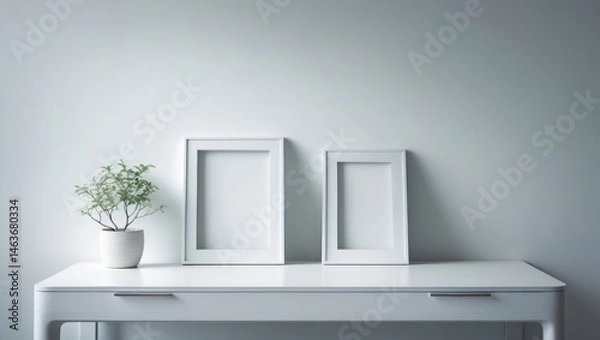 Fototapeta Desk in white with two photo frames and a tiny green plant in a minimal pot positioned against the wall