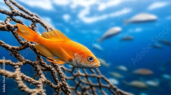 Obraz Bright Orange Fish Near Coral Reef and Fishing Net Underwater