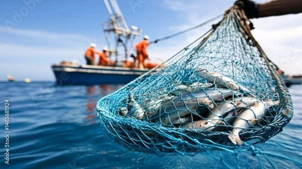 Obraz Fishermen Pulling Catch from Ocean Near Coral Reefs in Marine Ecosystem