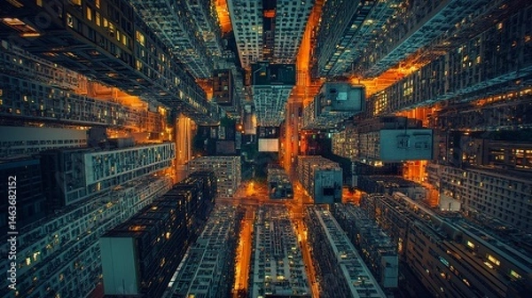 Fototapeta An upward view of towering urban skyscrapers at twilight, their glowing windows contrasting with the darkening sky, creating a sense of awe and metropolitan splendor 
