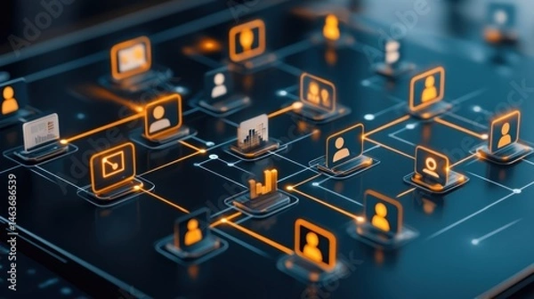 Obraz Interconnected digital network global communication and data flow visualization
