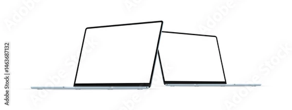 Fototapeta Two Modern Blue Laptops Mockups with Blank Screens, Side Perspective View, Isolated on White Background. Vector Illustration