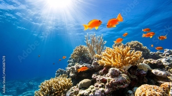 Obraz Vibrant Coral Reef Ecosystem with Colorful Fish Under Sunlight