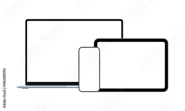 Fototapeta Modern Blue Laptop, Smartphone, Horizontal Tablet, Front View, with Blank Screens, Isolated on White Background. Vector Illustration