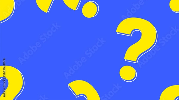 Obraz Bright yellow question marks with bold white outlines on a vivid blue background, creating a playful and eye-catching pattern.