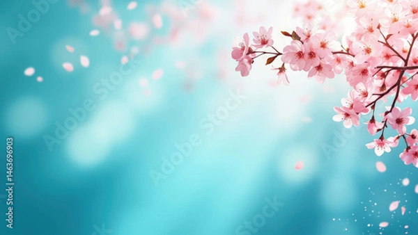 Fototapeta Beautiful cherry blossom branch with pink flowers and falling petals on a serene teal background for springtime