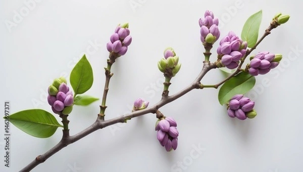 Obraz Lilac buds with green leaves blooming on a white backdrop