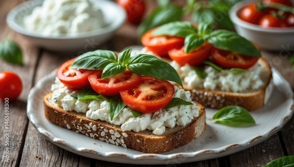 Fototapeta Healthy savory toast featuring feta, cherry tomato, and basil on a rustic table