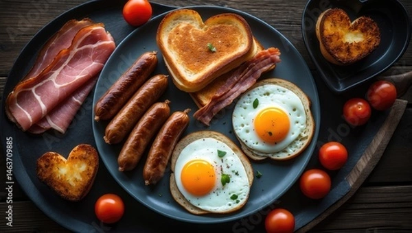 Fototapeta Savory morning meal with Bratwurst Eggs Toast, hashbrowns, pancakes, bacon, pastrami, fried eggs, and cheese served on a dark wooden table