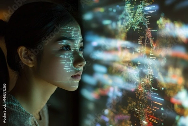 Fototapeta Asian woman analyzing futuristic digital display.