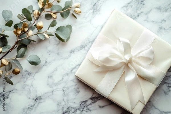 Fototapeta Elegant gift box with white ribbon and golden eucalyptus leaves on marble table