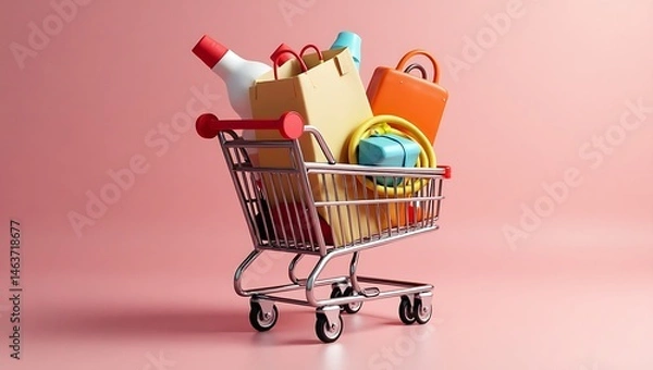 Fototapeta Shopping cart with items, 3D e-commerce style