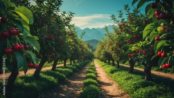 Fototapeta An orchard of cherry trees displaying lush green foliage and ripe red cherries, with a central walkway guiding towards distant mountains under a blue sky