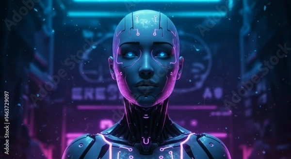 Fototapeta Futuristic Female Android with Glowing Circuits in a Neon Lit Environment