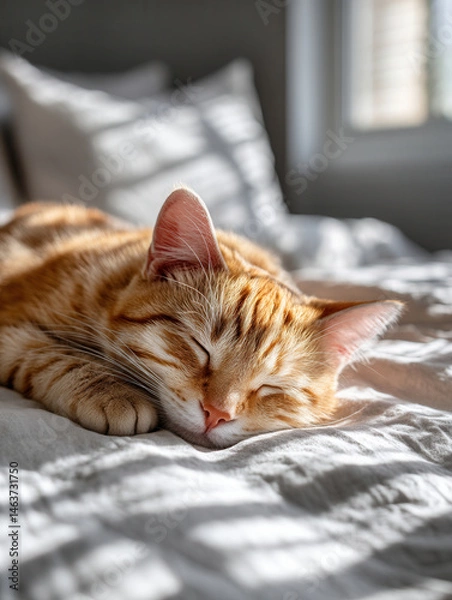 Obraz Light orange tabby cat sleeping peacefully sunlight bedding cozy restful, warm feline takes quiet nap on soft white sheets amid gentle window light, evoking calm and comfort