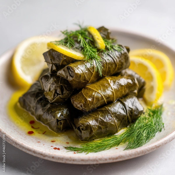 Obraz Stuffed grape leaves, vine leaf wraps, dolma, mezze appetizer, rice filling, dill garnish, lemon slices served on rustic plate evoke warm hospitality and Mediterranean charm in food portrait
