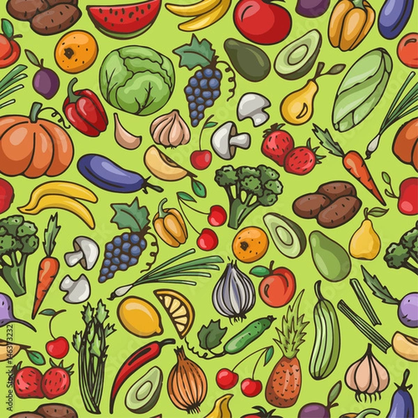 Fototapeta Vector seamless pattern of fruit and vegetable , pumpkin, apple, pear, cherry , tomato