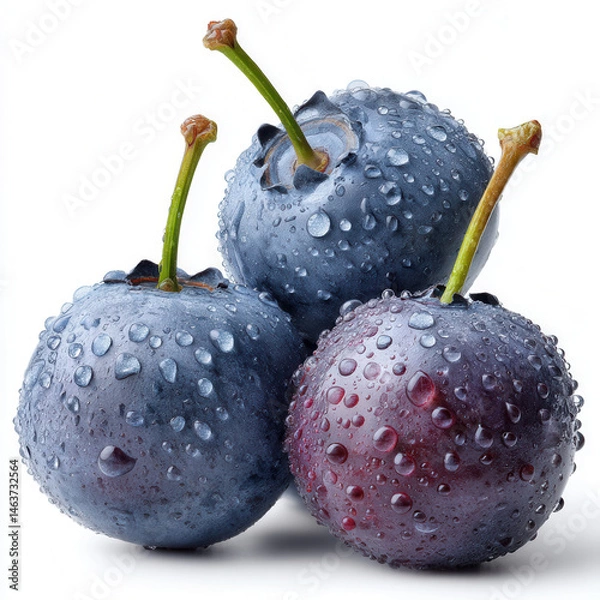 Obraz Plum, fruit, fresh, water droplets, ripe, wet close up view of three plums glistening with moisture on white background, conveying sense of natural vibrancy and tactile freshness