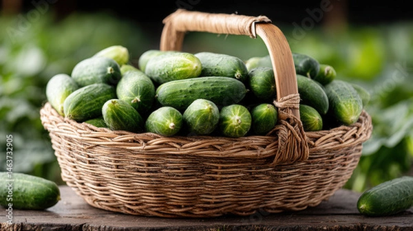 Obraz Basket cucumber vegetable fresh green wicker creates rustic scene featuring crisp produce nestled in woven container on weathered stump under soft natural light