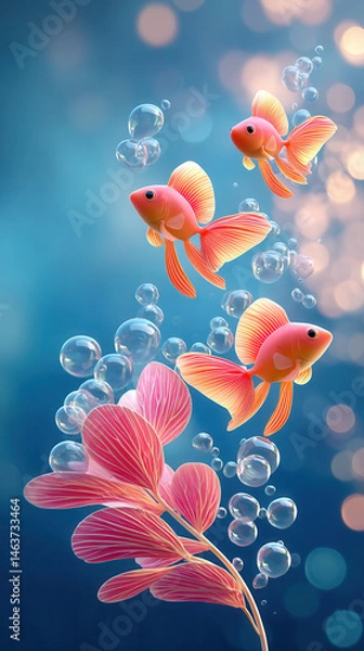 Obraz Goldfish bubble aquatic plant abstract background pink leaf underwater scene colorful digital illustration gliding gently create dreamy mood with glowing fins drifting through bokeh and bubbles
