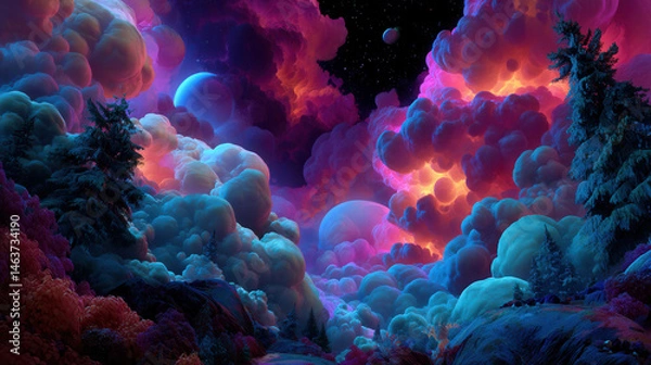 Obraz Surreal cosmic nebula forest pine trees immersed in vibrant glowing clouds and distant planets above starry horizon creating ethereal dreamlike landscape filled with mystery and awe