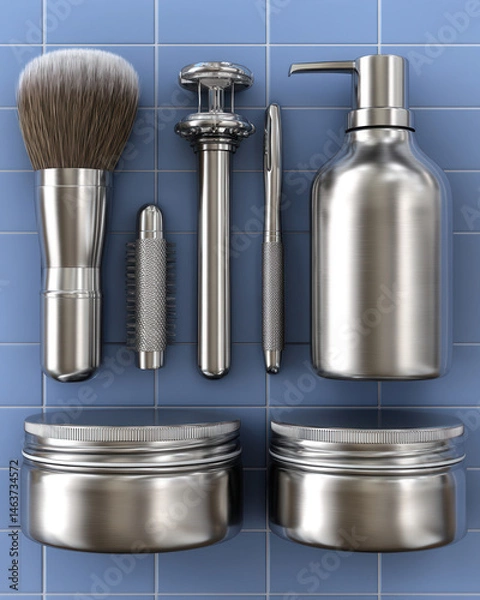 Obraz Shaving brush razor roller massager tweezer dispenser bottle cream jar neatly arranged on soothing pastel background deliver realistic mockup that evokes luxury in sleek grooming moment