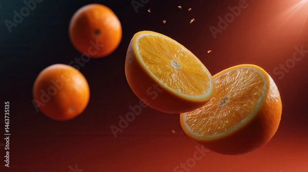 Obraz Orange fruit citrus slice fresh juicy vibrant pulp segment zest showcase dynamic floating halves against dark background with dramatic light and zest bits creating inviting energetic feel