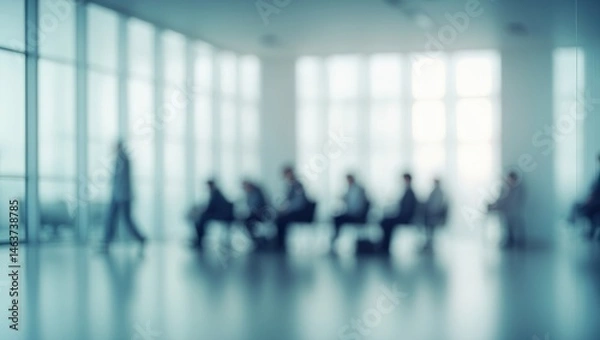 Fototapeta Large open-space business interior featuring blurred people and glassy windows