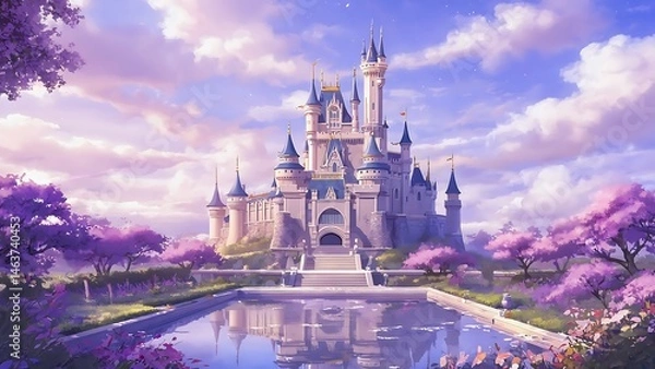 Obraz Fairytale Castle in Spring: Majestic castle with reflection in calm water, surrounded by blossoming trees, under a pastel sky.