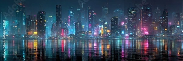 Fototapeta A vibrant futuristic cyberpunk cityscape at night illuminated by glowing neon lights, showcasing a high-tech, digital metropolis full of energy and mystery.