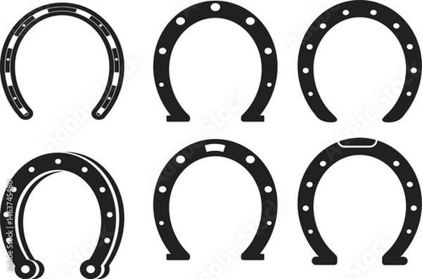 Obraz A lucky metal horseshoe set an old western symbol of good fortune is isolated as a vector illustration on a black background