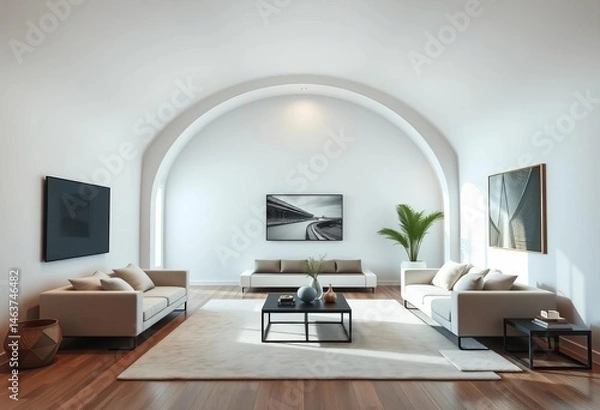 Fototapeta Sleek minimalist living room with arched ceiling, featuring low-profile sofa and coffee table, interior, sophisticated