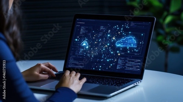 Obraz Person working on laptop with cloud computing network graphic on screen
