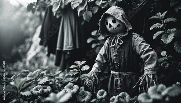 Fototapeta Black and white scarecrow standing in a strawberry garden