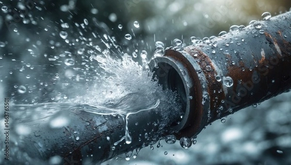 Obraz Corroded pipe emitting water under pressure due to leak