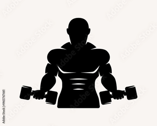 Obraz Waist up silhouette bodybuilder with dumbbells. Graphic design for t-shirt and emblem. Black print on white background