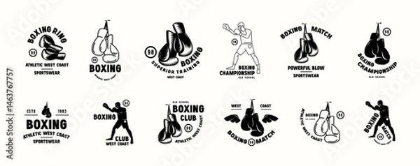 Obraz Boxing emblem set. Graphic design with gloves and boxer element. Black print on white background