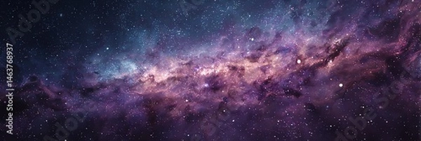 Fototapeta Vibrant purple and pink galaxy nebula in deep space, glowing with cosmic stars and colorful celestial clouds — perfect for astronomy and space-themed projects.