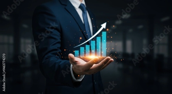 Fototapeta Man in suit holds rising graph representing business growth and success.