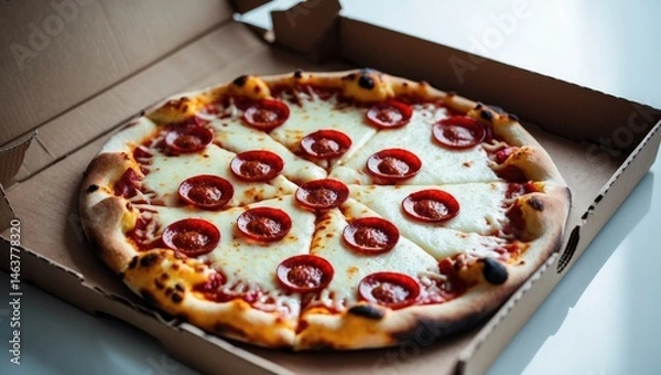 Obraz Freshly baked sausage pizza packaged in a cardboard box