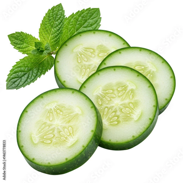 Fototapeta Cucumber slices with mint isolated on transparent background