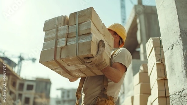 Fototapeta Construction Worker Carrying Bricks at a Building Site