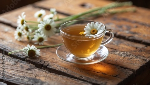 Obraz Relaxing cup of chamomile tea displayed on a natural wooden surface